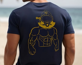 Table 6 Hulk Diver, Blue and Gold | Navy Military Commercial Diver Master Scuba Offshore Inland Union SAT Diving Medic Hyperbaric Frog Tee