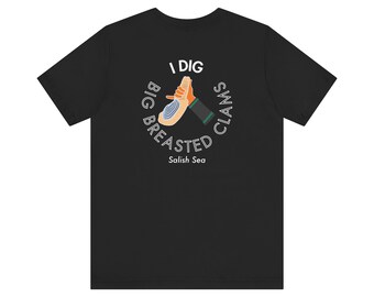 Table 6 Shaka Clam Unisex Dark T-shirt | Commercial Geoduck Diver Scuba Diving Fisheries Shaka Hang Loose Puget Sound Salish Sea Seattle Tee