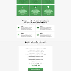 May include: A green and white website screenshot promoting an online course on creating websites and landing pages that sell. The website features a video preview, testimonials, course content, and a call to action to enroll. The text on the website is in Portuguese.