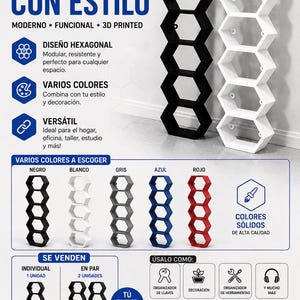 Puede incluir: Un estante modular impreso en 3D con una pila vertical de cinco compartimentos hexagonales conectados. La imagen muestra unidades en negro y blanco, con opciones de color que incluyen gris, azul y rojo. El texto incluye "ORGANIZA CON ESTILO" y "SV3D PRINTS".