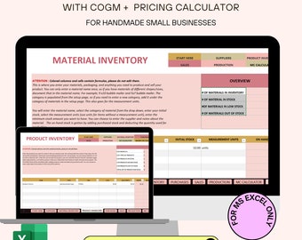 May include: A computer screen displays a simple inventory tracker for handmade small businesses. The spreadsheet includes sections for material and product inventory, with fields for initial stock and measurement units. The text "MS Excel Only" is visible.