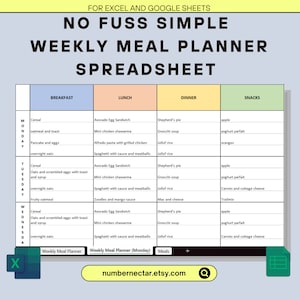 May include: A printable weekly meal planner spreadsheet for Excel and Google Sheets. The spreadsheet is divided into four columns: Breakfast, Lunch, Dinner, and Snacks. Each column has a list of meal ideas for each day of the week. The spreadsheet is designed to help people plan their meals and save time.