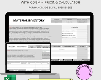 May include: A computer screen displays a simple inventory tracker for handmade small businesses. The spreadsheet includes sections for material inventory, product inventory, and a pricing calculator. The text "MS Excel Only" is visible, along with the Etsy shop URL.