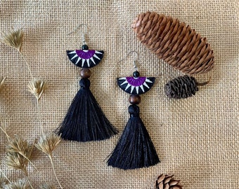Handmade earrings,  Hmong Embroidery Earrings from Northern Thailand,  Black purple tassel Earrings,  Ethnic Earrings