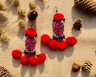 Handmade Earrings,  Embroidered Earrings with Hmong fabrics from Northern Thailand, Ethnic Earrings