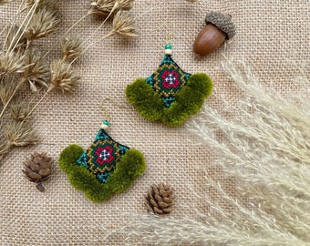 Handmade earrings,  Hmong Embroidery Earrings from Northern Thailand,  Boho Earrings,  Ethnic Earrings,  Pompom, Hilltribe Earrings