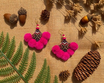 Handmade earrings,  Hmong Embroidery Earrings from Northern Thailand,  Boho Earrings,  Ethnic Earrings,  Pompom, Hilltribe Earrings