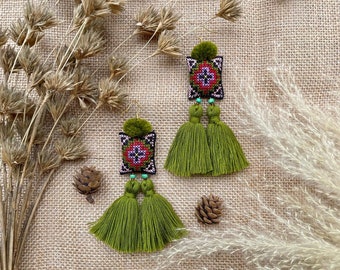 Handmade Earrings,  Hilltribe Tassel Earrings with Hmong Embroidery from Northern Thailand,  Ethnic Earrings