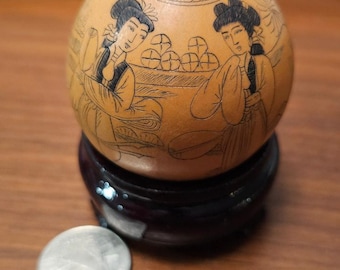 Vintage Etched Calabash Gourd, Chinese, Women in Conversation