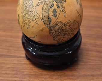 Vintage Etched Calabash Gourd, Chinese, Intricate Koi Fish, No Stand Included