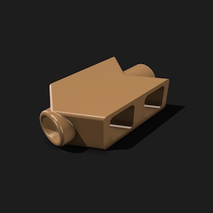 May include: A brown plastic Lego brick with two holes on the top and a round hole on the side.