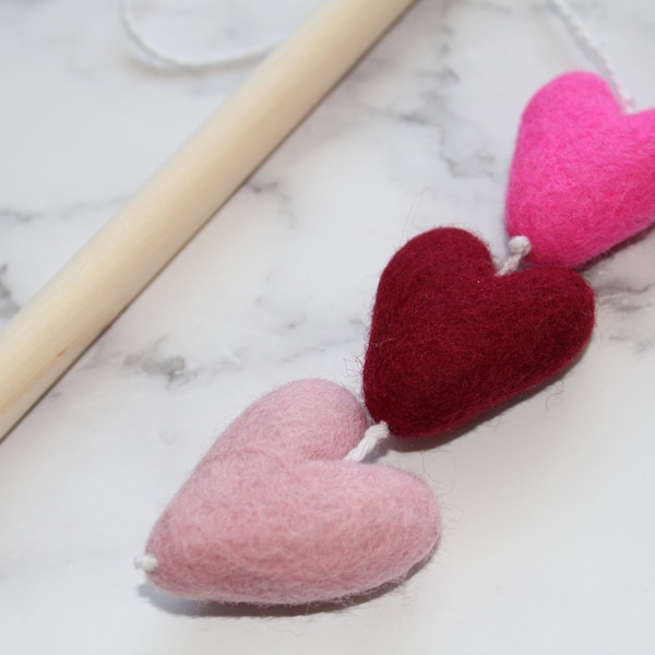 Felt Ball Cat Toy Wand w/ Pink and Red Felt Hearts - Perfect for interactive play, or for spraying with catnip! String attached to 12in wand