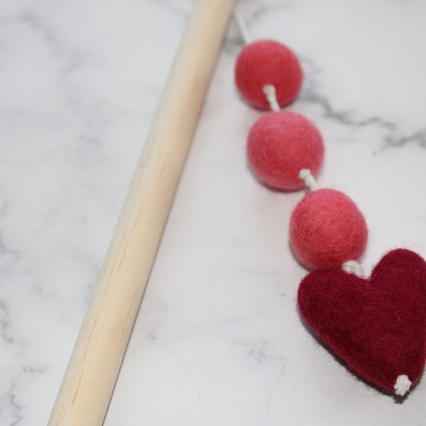 Felt Ball Cat Toy Wand w/ Pink and Red Felt Heart - Perfect for interactive play, or for spraying with catnip! String attached to 12in wand