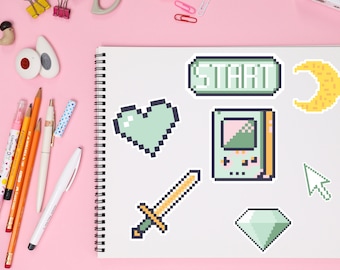 Cutsie groene gamer pixel art sticker printables | PNG downloadbare stickerafdrukken | Kawai-sticker afdrukbaar | Retro Pixel-stickers