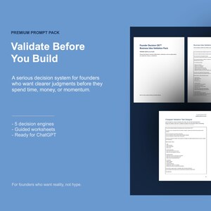 Könnte beinhalten: Blauer Hintergrund mit dem Text "PREMIUM PROMPT PACK Validate Before You Build". Das Bild enthält drei weiße Dokumente mit Text. Der Text beschreibt ein Entscheidungssystem für Gründer, einschließlich Entscheidungsmaschinen und Arbeitsblätter.
