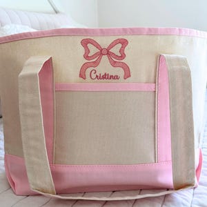 Embroidered Sketch Bow Heavy Canvas Tote Bag | Embroidered Tote | Coquette Aesthetic | Sorority Rush Bag | Bridesmaid Gift | Vacation