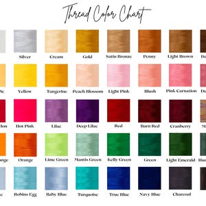 May include: A color chart showing 36 different thread colors, including white, silver, cream, gold, satin bronze, penny, light brown, dark brown, peach pie, yellow, tangerine, peach blossom, light pink, blush, pink carnation, dusty rose, watermelon, hot pink, lilac, deep lilac, red, barn red, cranberry, multicolor, neon orange, orange, lime green, mantis green, kelly green, green, light emerald, hunter green, icy blue, robins egg, baby blue, turquoise, true blue, navy blue, charcoal, and black.