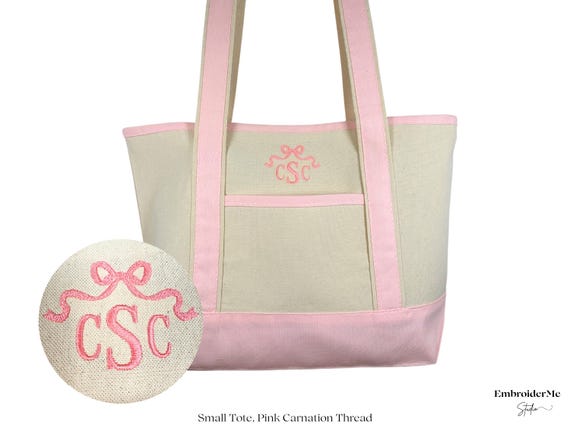 Embroidered Dainty Bow Monogram Heavy Canvas Tote Bag | Monogram Tote | Coquette Aesthetic | Sorority Rush Bag | Bridesmaid Gift | Vacation