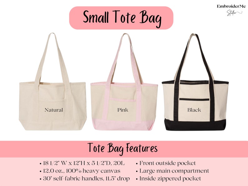 May include: Three tote bags in natural, pink, and black canvas. Each bag has a front pocket and a zippered pocket. The bags are 18 1/2 inches wide, 12 inches high, and 5 1/2 inches deep. They are made of 12 ounce, 100% heavy canvas and have 30 inch self-fabric handles with a 11.5 inch drop.