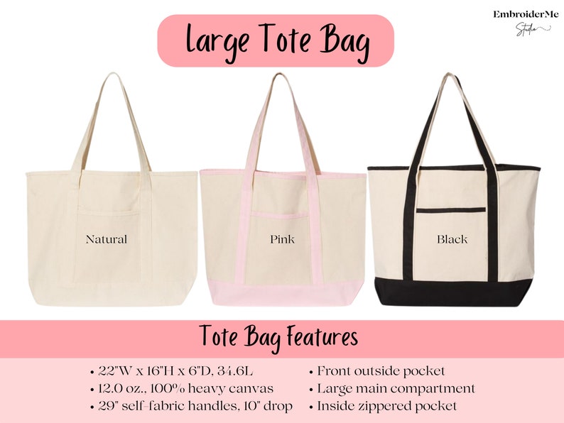May include: Three large tote bags in natural, pink, and black canvas. Each bag has a front pocket and a zippered pocket. The bags are 22 inches wide by 16 inches high by 6 inches deep and hold 34.6 liters. They are made of 100% heavy canvas and have 29 inch self-fabric handles with a 10 inch drop.