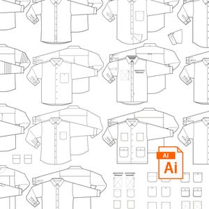 Puede incluir: Una colección de 14 diseños de camisas diferentes, incluyendo opciones de manga larga y manga corta, con varios estilos de bolsillo y colocaciones de botones. Los diseños se muestran en dibujos de línea en blanco y negro. La imagen también incluye un pequeño gráfico del logotipo de Adobe Illustrator.