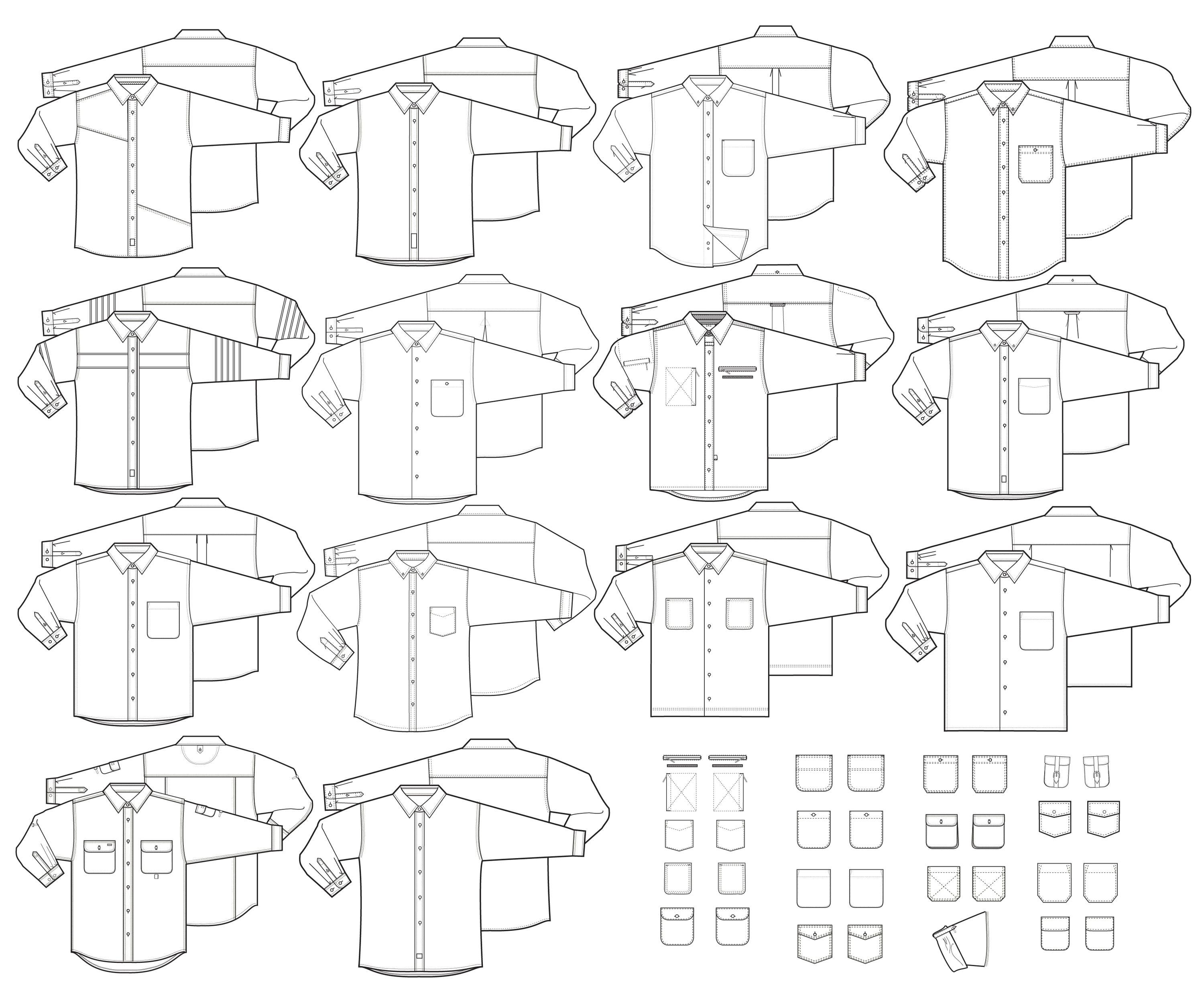 Woven Button Shirt Technical Fashion Illustration Vector Template Set ...