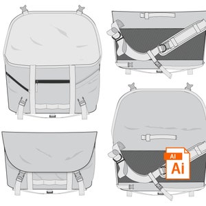 May include: A grey messenger bag with a flap closure and adjustable straps. The bag has a zipped pocket on the front and a large compartment inside. The bag is shown in four different views, including the top, front, side, and inside.