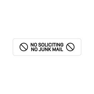 No Soliciting No Junk Mail Outdoor Sticker for Windows, Mailboxes, and Doors, Transparent with Black Text, Weather-Resistant