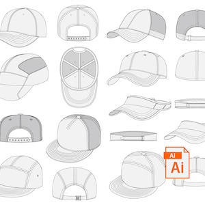 Peut inclure: Un ensemble de 15 designs de chapeaux différents, y compris des casquettes de baseball, des visières et des chapeaux bob. Les chapeaux sont tous dessinés en noir et blanc et sont présentés sous différents angles.