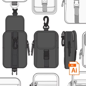 May include: A set of nine black, gray, and white utility pouches with zipper closures and adjustable straps. The pouches have a variety of shapes and sizes, and some have a carabiner clip.