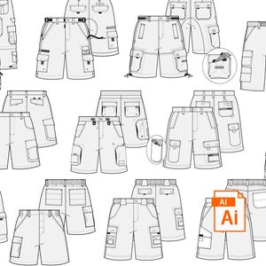 May include: Technical drawing of various cargo shorts designs. The shorts feature multiple pockets, belt loops, and different closure styles. The image is a black and white illustration, showcasing the front and back views of the shorts.
