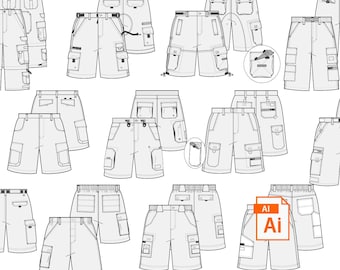 Conjunto de plantillas vectoriales de ilustración técnica de moda para pantalones cortos cargo