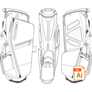 Può includere: Un disegno a linea di tre sacche da golf con design diversi. Le sacche hanno più scomparti e cinghie. Le sacche sono mostrate in vista laterale.