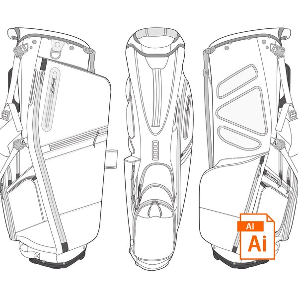 Golf Bag Technical Illustration Vector with Editable Features - Front, Side and Back Views