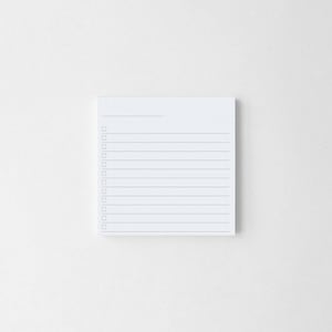 May include: A square, white notepad with a lined interior and check boxes on the left side. The top of the notepad has a horizontal line. The notepad is on a white background.
