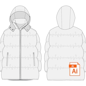 May include: A white puffer jacket with a hood. The jacket has a zipper closure and two pockets on the front. The jacket is shown from the front and back.