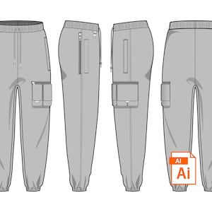 Könnte beinhalten: Eine flache Skizze von grauen Jogginghosen mit einem Kordelzugbund, Seitentaschen und einer großen Cargo-Tasche am linken Bein.