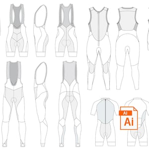 May include: Line art illustration of different styles of cycling shorts and jerseys. The illustration includes a variety of designs, including bib shorts, full-length tights, and sleeveless jerseys.