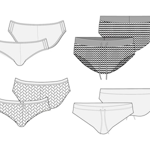 Mens underwear and swimwear flat sketch editable fashion illustration collection