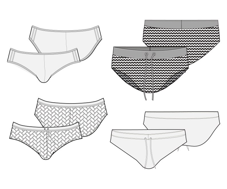 Mens underwear and swimwear flat sketch editable fashion illustration collection