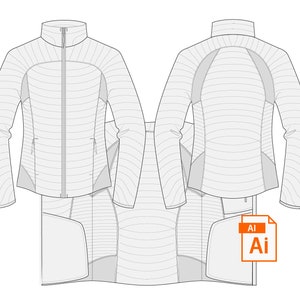 May include: A line drawing of a women's jacket with a zipper closure and a stand-up collar. The jacket has a quilted design and is shown in both front and back views. The image includes the text "Ai" in a box.