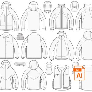 Könnte beinhalten: Ein Satz von 12 Schwarzweiß-Strichzeichnungen verschiedener Arten von Jacken, Westen und Hüten. Die Zeichnungen sind einfach und klar und eignen sich perfekt für die Verwendung in einem Modedesign- oder Illustrationsprojekt.