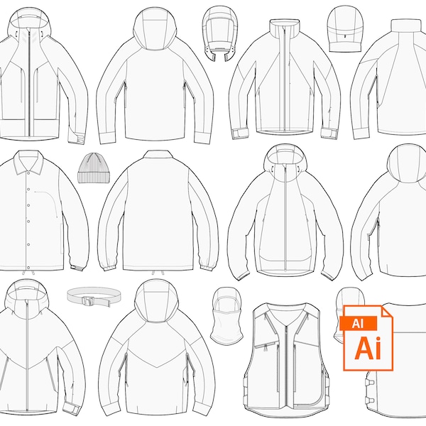 Outerwear Vector Flat Sketch Set - Winter Jacket Fashion Design Templates for Apparel Designers