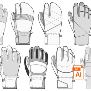 Ski and Snowboard Glove Design Editable Template Fashion Illustration Set: Adobe Illustrator Vector Files With Customizable Fills & Strokes