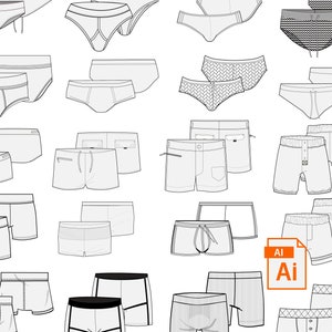 May include: A collection of 18 different styles of men's underwear and swim trunks. The designs include solid colors, patterns, and mesh fabrics. The underwear and swim trunks are all in black and white.