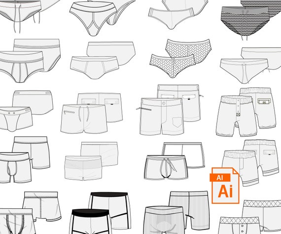 Mens Underwear and Swimwear Technical Fashion Illustration Vector Template