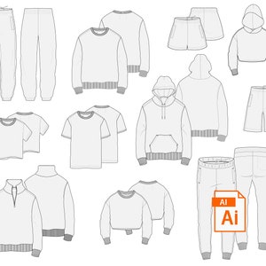 Op de afbeelding: Een set van 12 mode-ontwerp sjablonen voor kleding, waaronder hoodies, sweatshirts, t-shirts, broeken en shorts. De sjablonen zijn in zwart-wit en geschikt voor gebruik in mode-ontwerpsoftware.