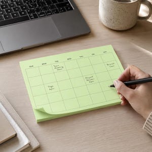 Puede incluir: Un bloc de calendario de papel rectangular de color verde claro con un diseño de cuadrícula y los días de la semana impresos de domingo a sábado. El calendario contiene notas escritas a mano que incluyen Team Meeting 10am, Yoga 6pm, Project Review 2pm y Brunch 11am.