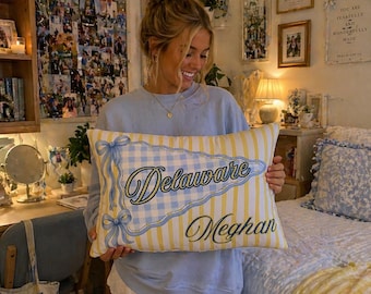 Personalized College Pillow Custom Name Dorm Decor Preppy Bow Pennant Pillow Graduation Gift College Bound Gift Delaware Any School