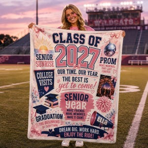 May include: A rectangular fleece blanket featuring a Class of 2027 theme with navy blue and pink text. Graphics include a disco ball, graduation caps, books, a megaphone labeled Ella, and a photo of a group under an archway, with sunset motifs.